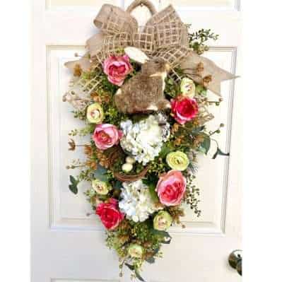Spring Bunny Wreath Swag for front door with pink roses